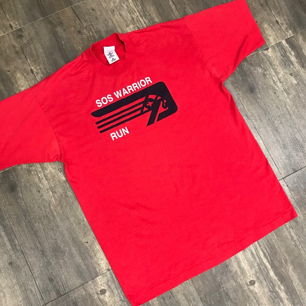 Vintage SOS Warrior Run Tshirt Military‎ Men Size XL Single Stitch Red 90s